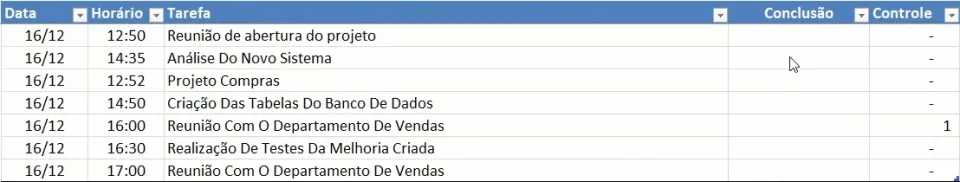 Agenda que fala as tarefas nos horários Excel