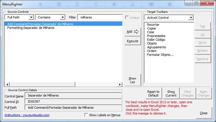 Alterar menu direito do Excel MenuRighter