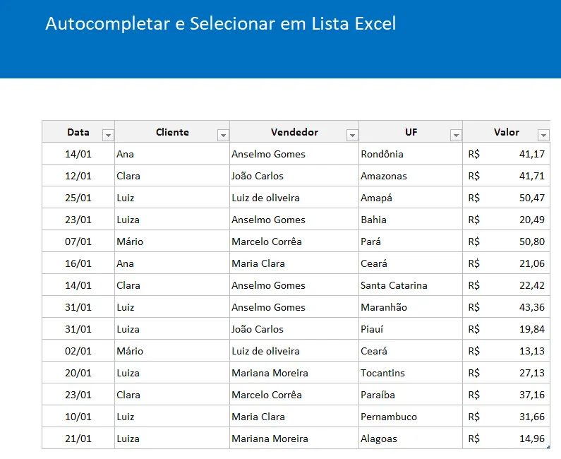 Auto completar e selecionar em lista Excel 1