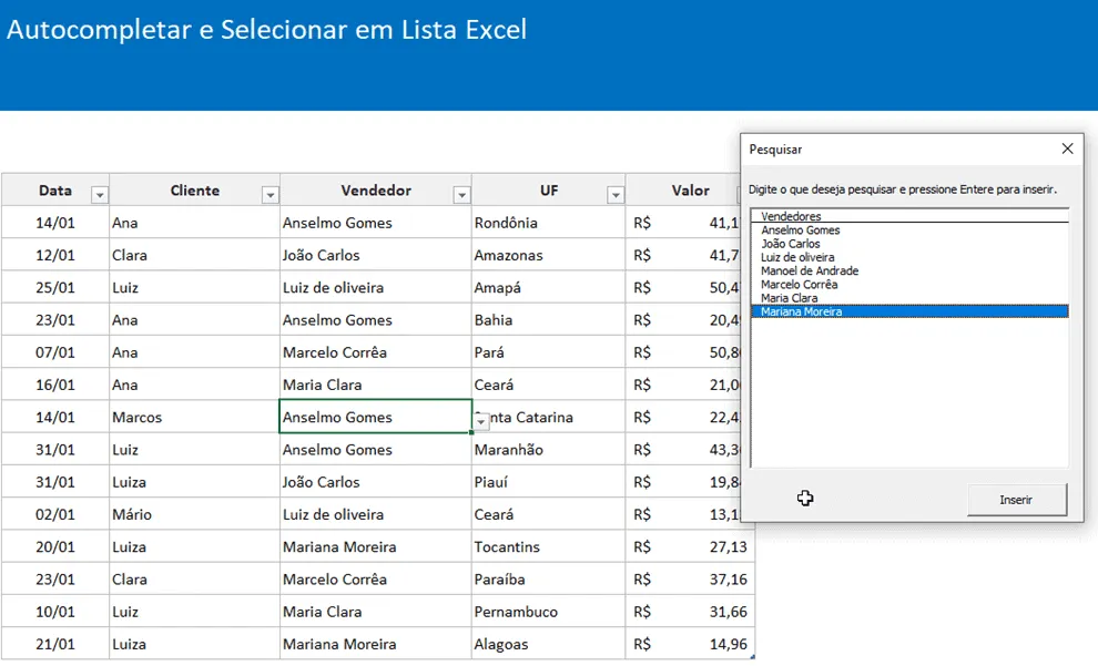 Auto completar e selecionar em lista Excel 3