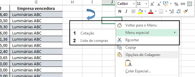 Planilha cotação utilizada no exemplo