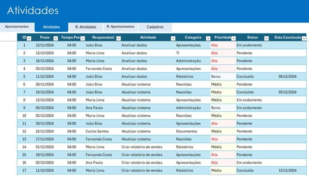 Planilha de atividades Excel