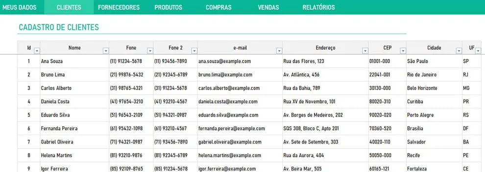 Cadastro de clientes da planilha de controle de vendas de cosmeticos jequiti avon hinode