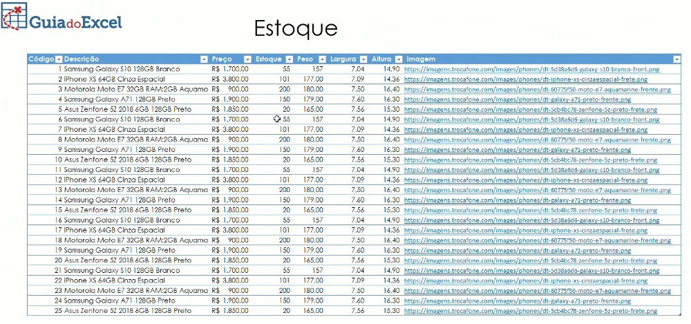 cadastro de produtos com imagem no Excel