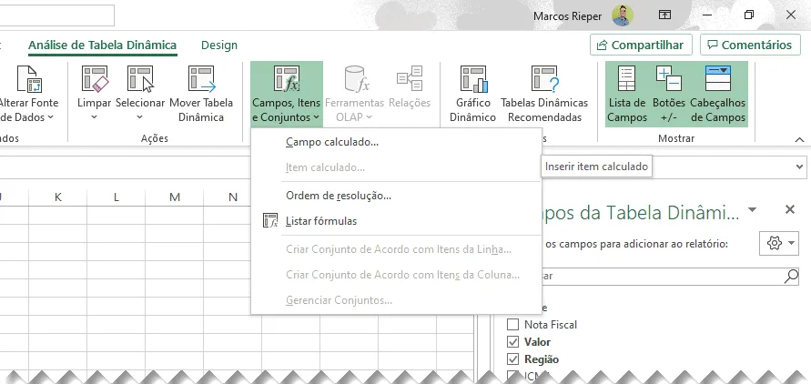 Campo calculado em tabela dinâmica 0