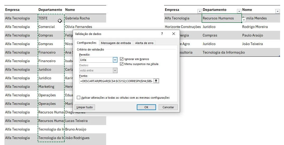 Configuração da lista suspensa dependente de departamentos no Excel