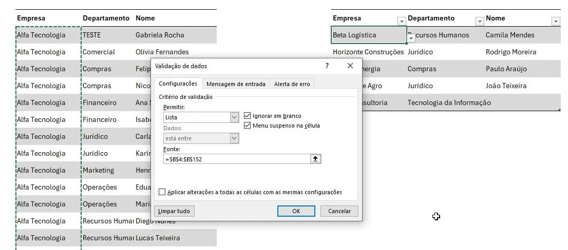 Base de dados para criar listas suspensas dependentes no Excel