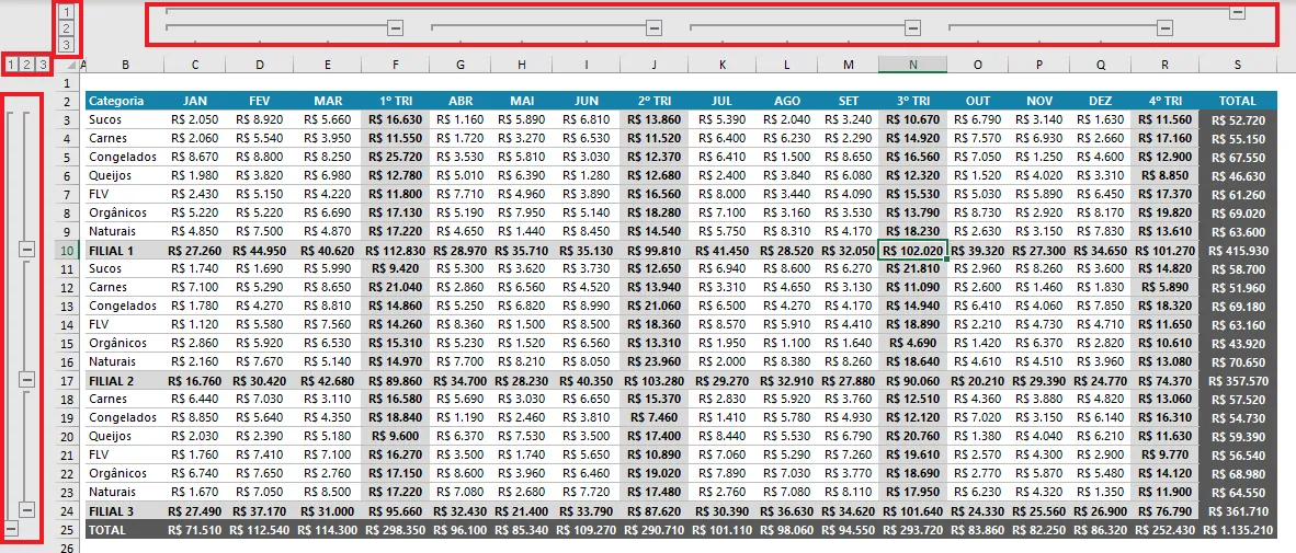 Como agrupar dados no Excel - Estrutura de Tópicos 17