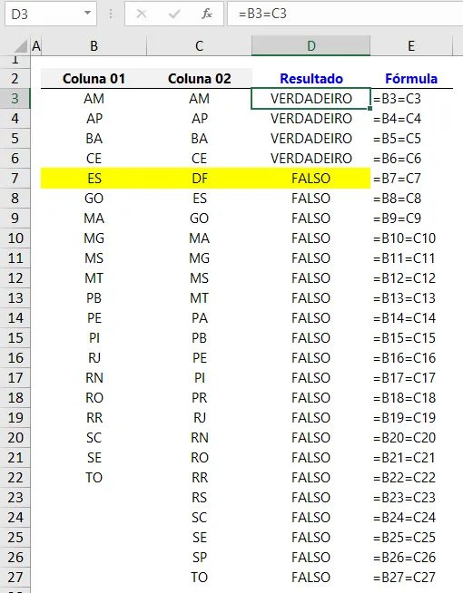 como comparar colunas Excel
