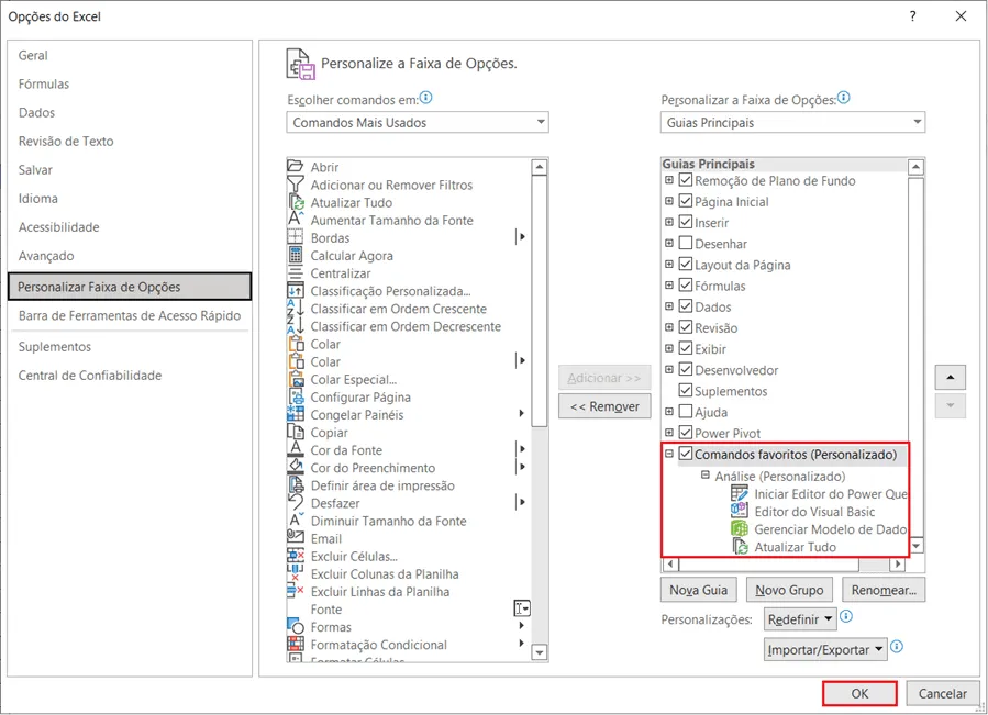 guias e botões no excel 2