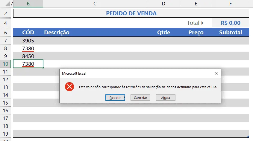 Evitar Digitação de Dados Duplicados no Excel 7