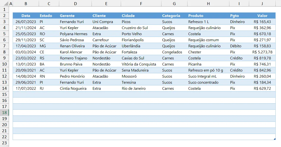 tabela com linhas em branco no excel
