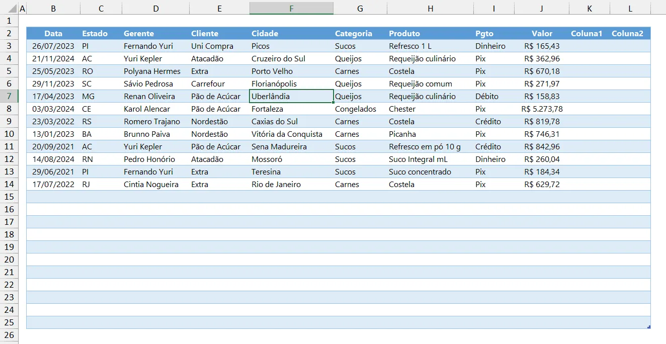tabela com linhas em branco no excel