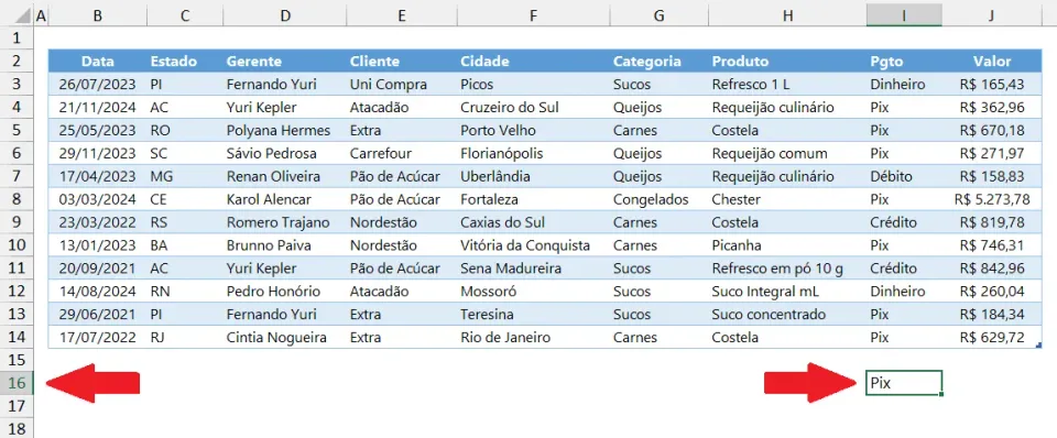 linhas abaixo da tabela excel não são inseridas