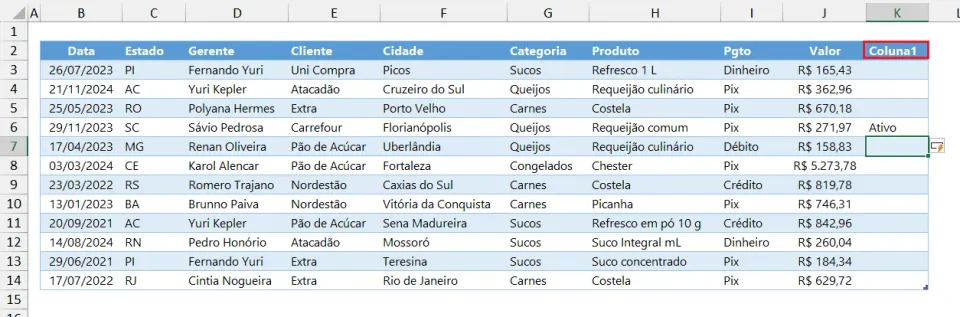 digitar na coluna ao lado da tabela adiciona uma coluna