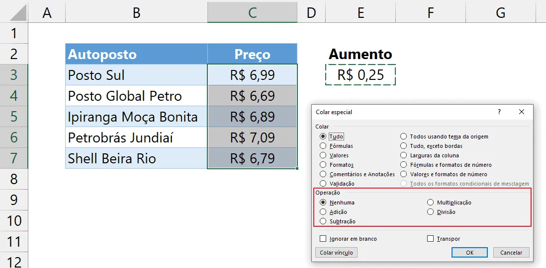 Como fazer colagem especial com operação matemática no Excel 5