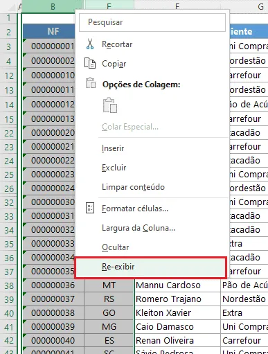 Como reexibir linhas e colunas no Excel 3