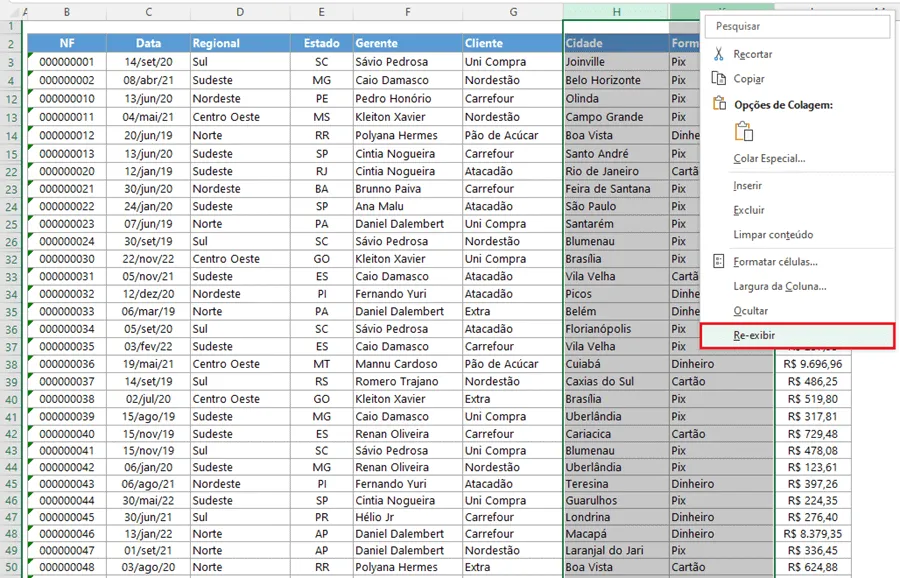 Como reexibir linhas e colunas no Excel 6