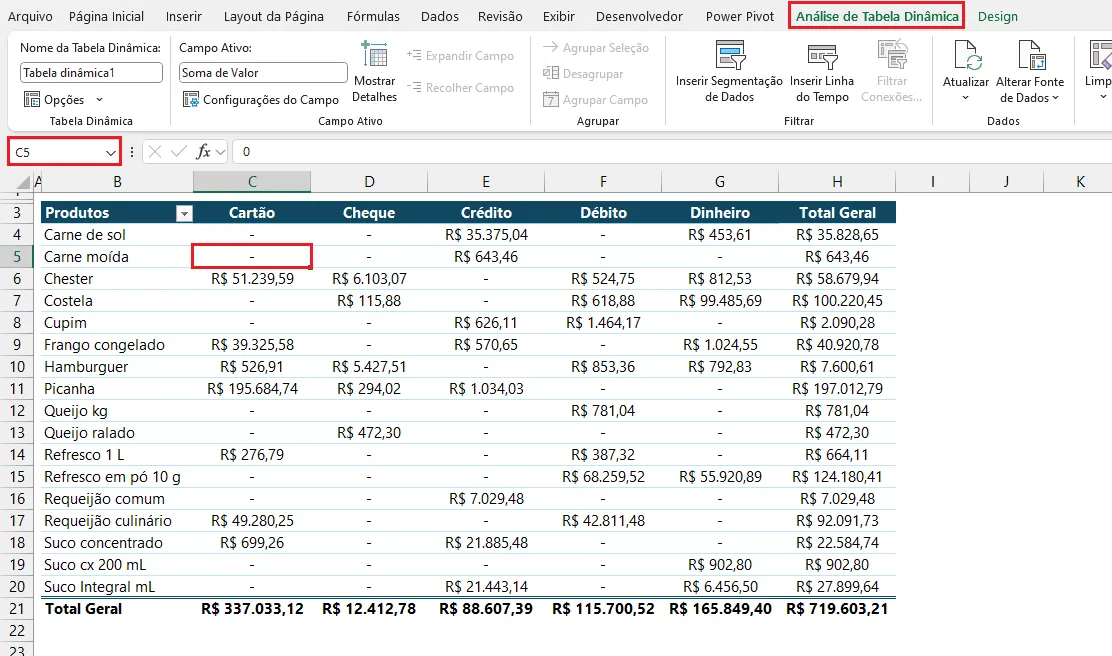 reexibir campos tabela dinâmica excel 2