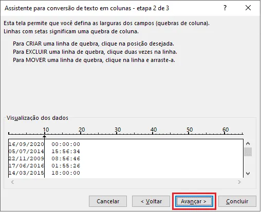 texto para coluna excel