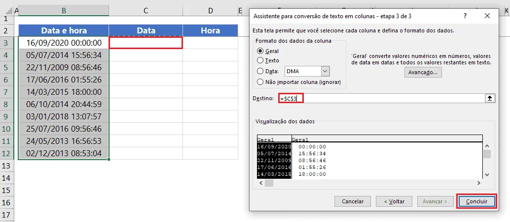 texto para coluna excel data e hora