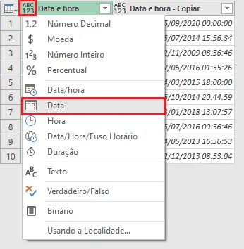 coluna de data excel power query