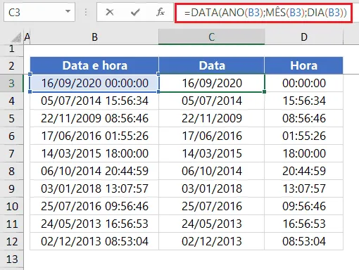 função data e tempo excel