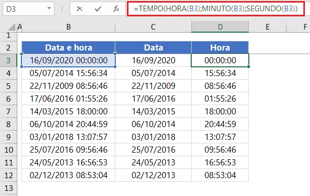 função tempo e hora excel