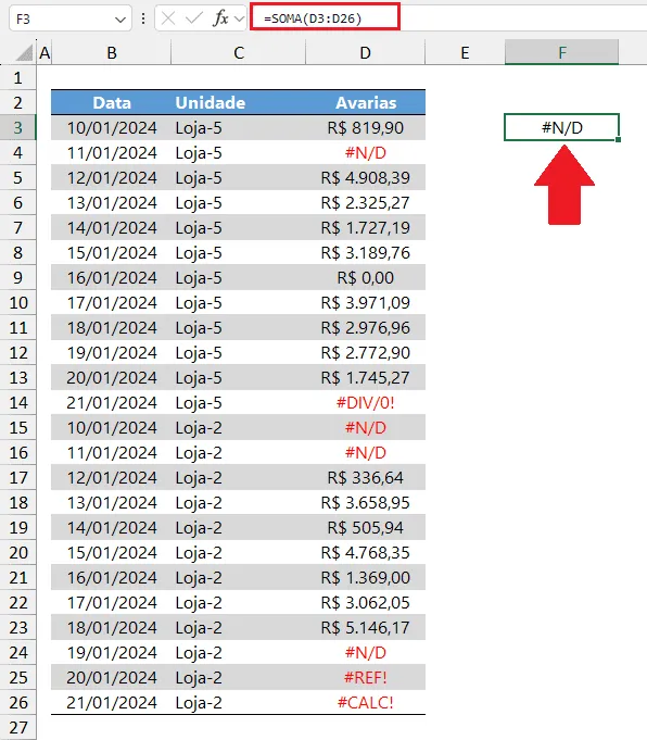 somar ignorando erros excel 2