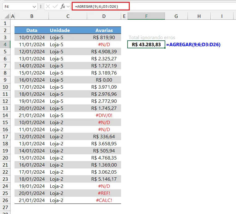 somar ignorando erros excel 3