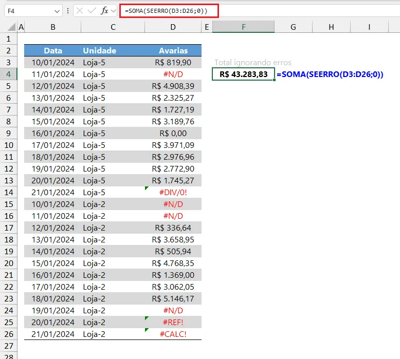 somar ignorando erros excel 5