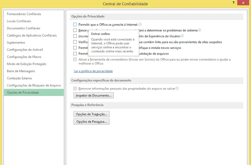 Conectando-se com o servidor proxy store.office.com Excel 2013