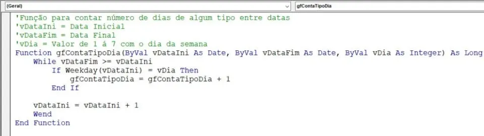 função vba para contar dias da semana no Excel