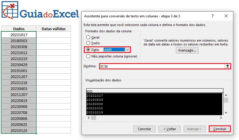 Converter data no padrão aaaammdd para data válida no Excel