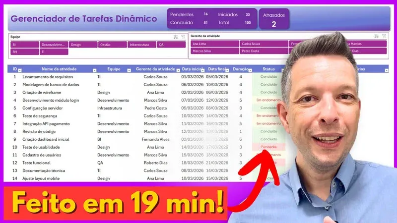 Prévia: Planilha Rastreador de Gerenciamento de Tarefas Dinâmico no Excel