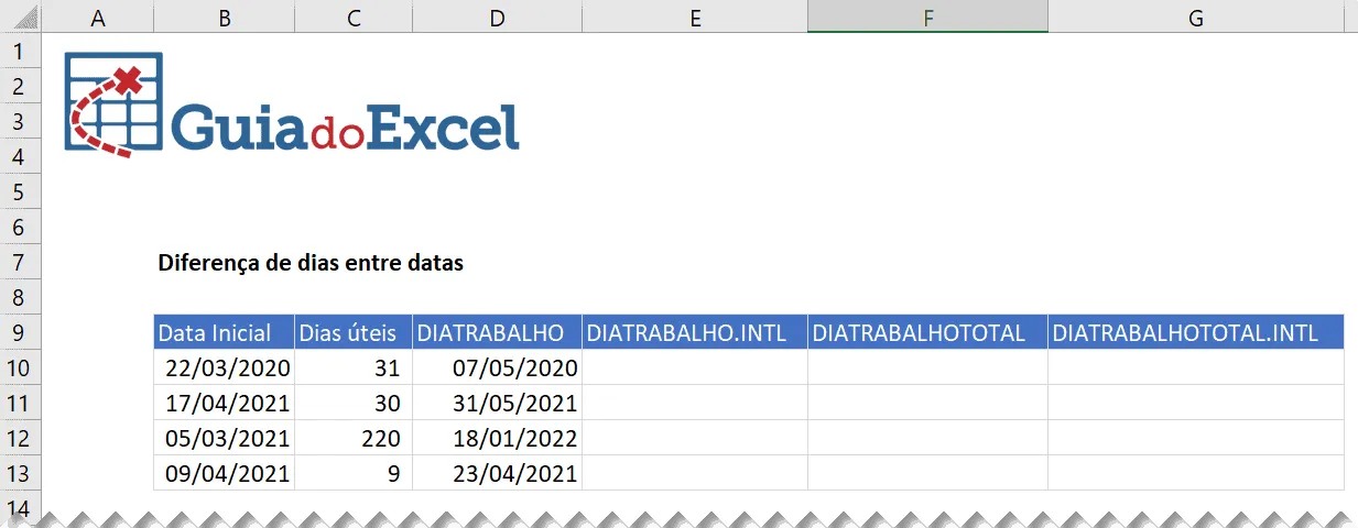 dias uteis excel 10