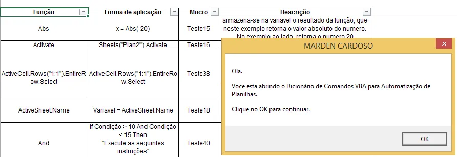 Dicionário VBA com exemplos