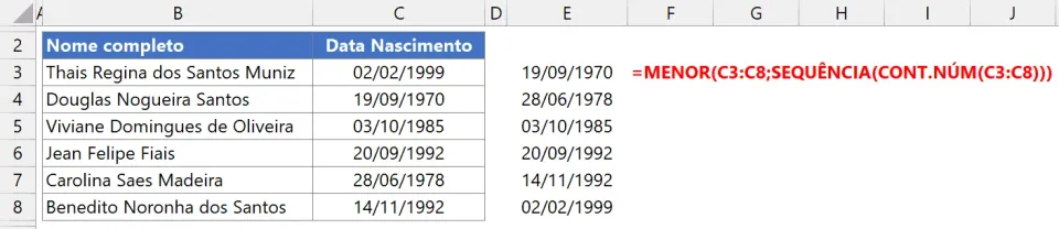 mínimo menor excel 12