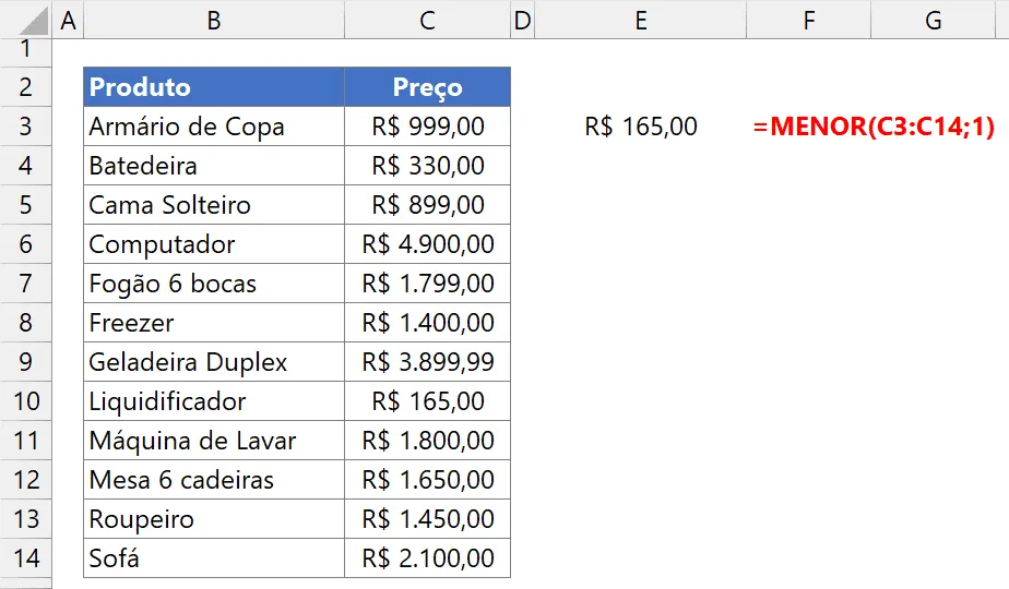 mínimo menor excel 3
