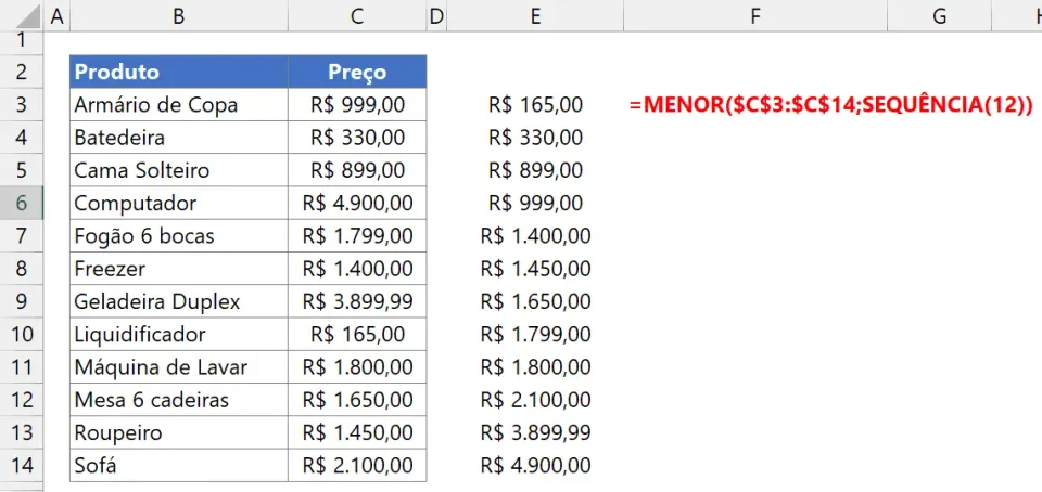 mínimo menor excel 5
