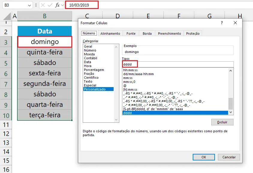 dia da semana excel 2