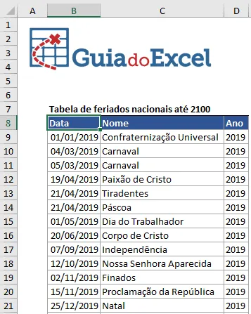 Feriados nacionais no Excel