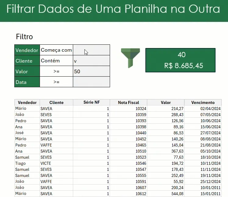 filtrar dados de uma planliha para outra no Excel 2