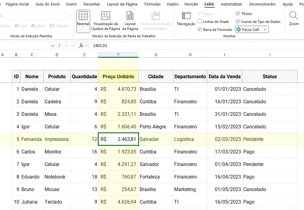 Focus Cell Excel 1