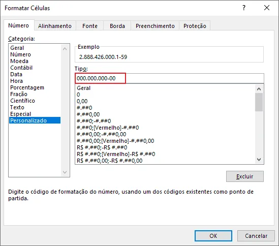 Formatação Personalizada CNPJ e CPF no Excel 7