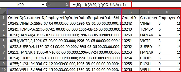 Função Excel VBA para dividir o conteúdo de células em colunas