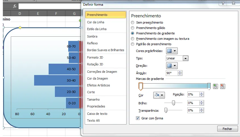 Gráfico de distribuição de idade e gênero excel 11