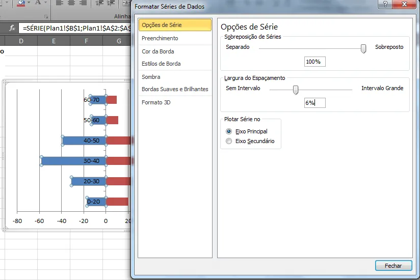Gráfico de distribuição de idade e gênero excel 5
