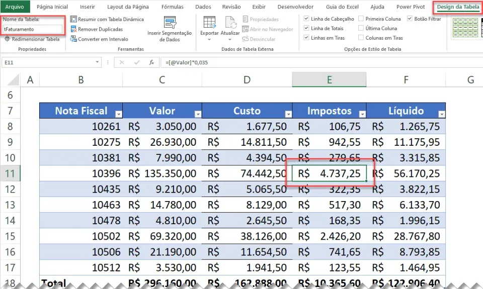 Guia Excel Tabelas VBA - Nome da tabela