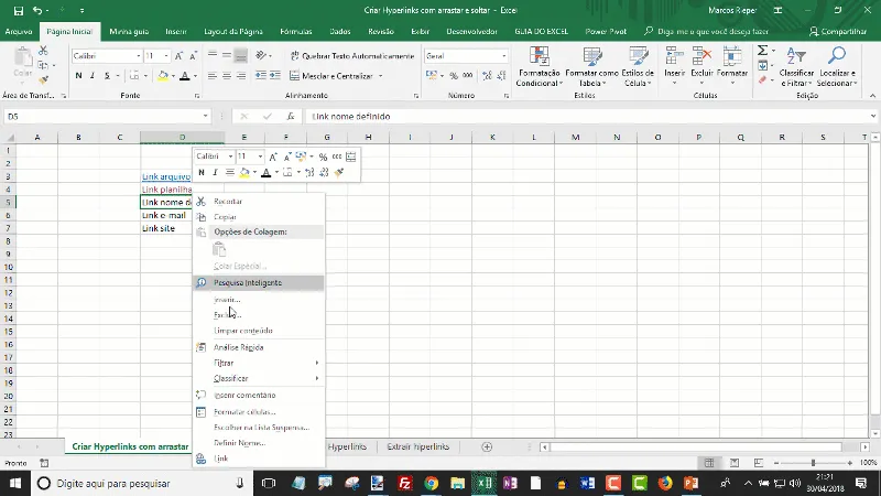 Hiperlink intervalo nomeado Excel